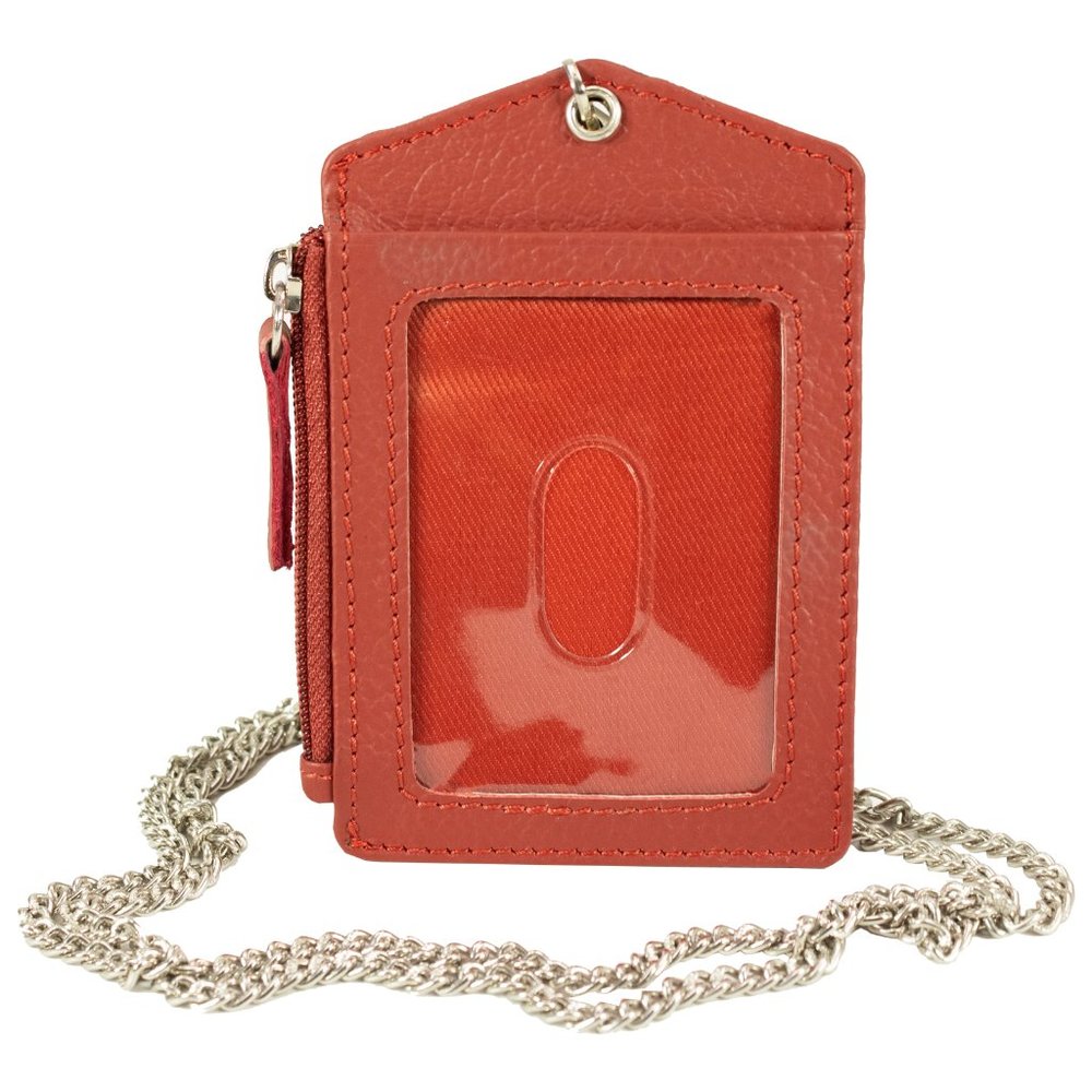 ID Lanyard Card Holder in Genuine Leather with Long Metal Chain for Men/Women - Picture 3 of 9